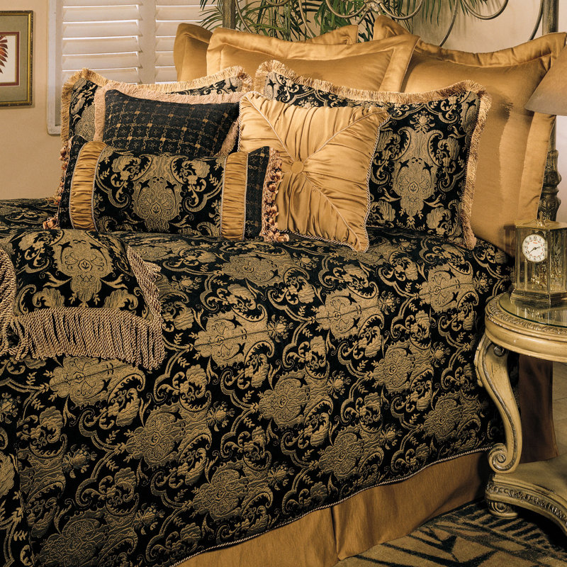 Ensemble d'édredon 6 pièces en polyester damassé China Art, Édredon pour grand lit + 2 taies décoratives, Noir