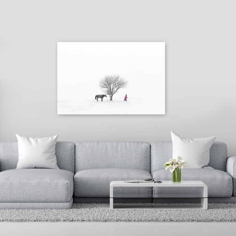 Cheval et personne dans la neige, impression de paysage abstrait cheval minimaliste paysage nature, H 40 po x l 60 po