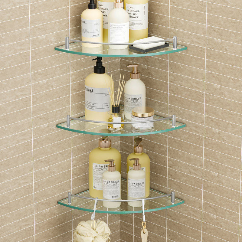 (3-Pack) Floating Glass Shelf For Bathroom Corner Shelf with Rail with Hooks Tempered Glass Wall Mounted Brushed Nickel