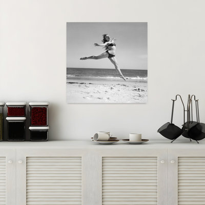 1950S Woman In Bikini Running And Jumping On The Beach Smiling Classic Retro Vintage Beach Wall Art