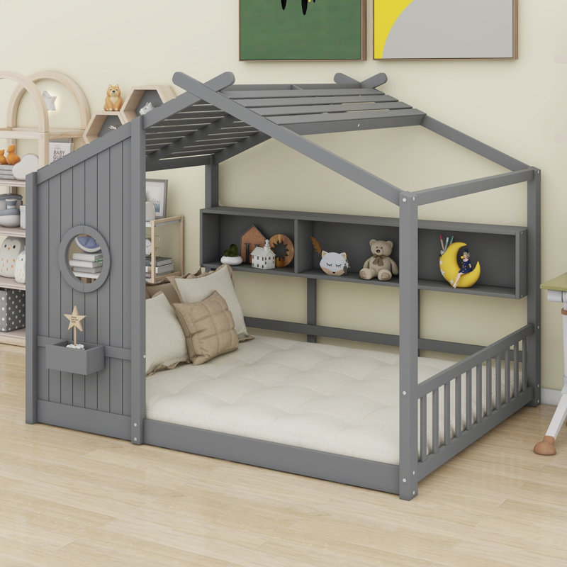 Lit sur pied avec tablette de rangement, Gris, Double