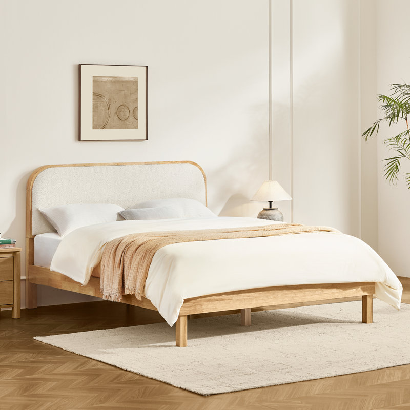 Mid-Century Solid Wood Boucle Upholstered Headboard Bed Frame, Full , Natural