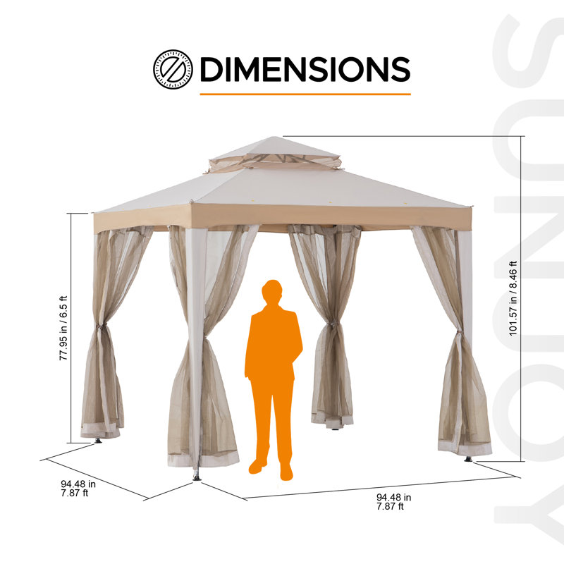 Sunjoy Soft Top Gazebo, Outdoor Patio Backyard Modern 2-Tier Steel Frame Gazebo with Mesh Netting , Grey/Khaki, 8 ft. x 8 ft.