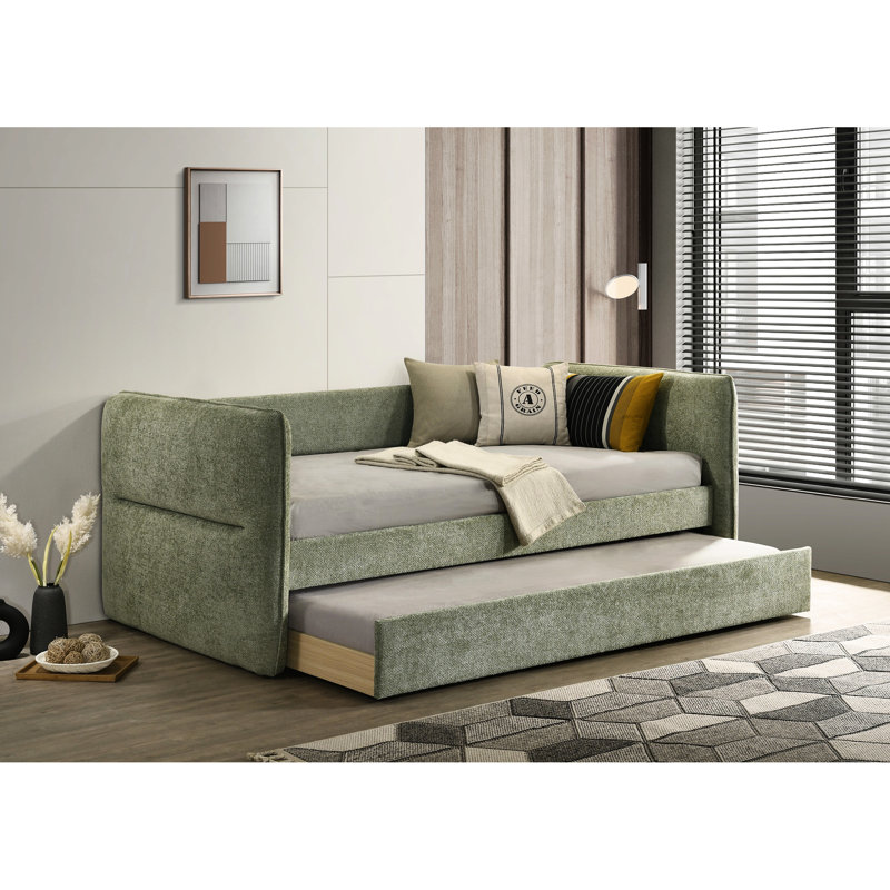 Button Modern Daybed With Nailhead Trim And Pull Out Trundle, Solid Wood For Home Office, Light Green