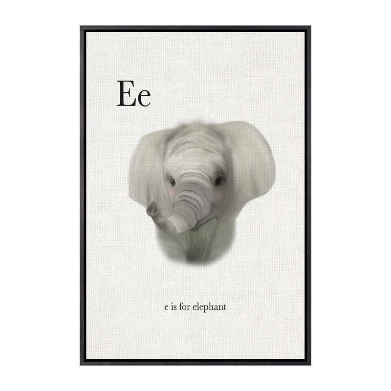 Décoration murale pour enfants «E Is For Elephant», H 26 po x l 18 po x 1,5 po, Toile encadrée noir délavé