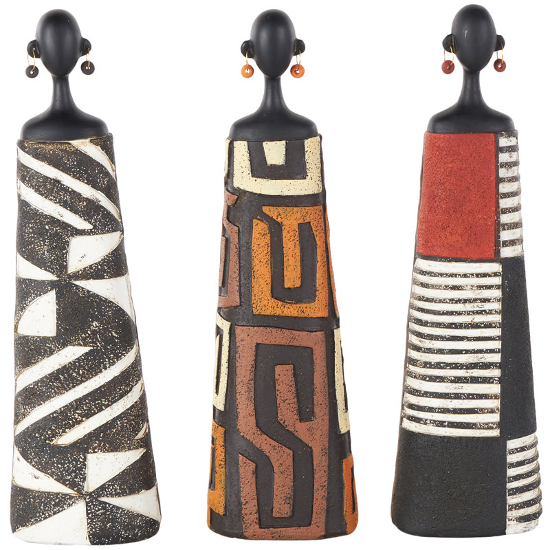 Resin African Woman Black Decorative Sculpture With Red, Orange, And White Dresswear Set
