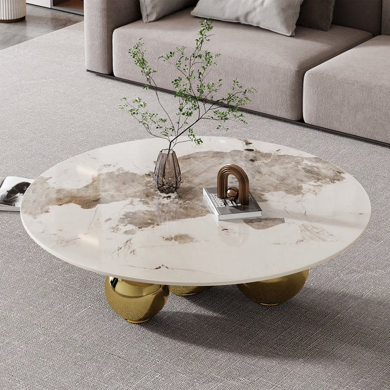 Modern 39.4" Faux Marble Single Base Round Coffee Table for Living Room, Beige Marble, Gold
