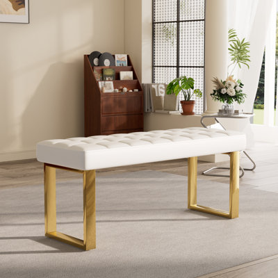 Banc rembourré en similicuir de style moderne du milieu du siècle avec structure en acier inoxydable