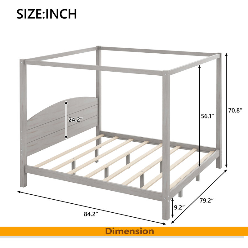 King Size Canopy Platform Bed With Headboard And Support Legs, Grey Wash