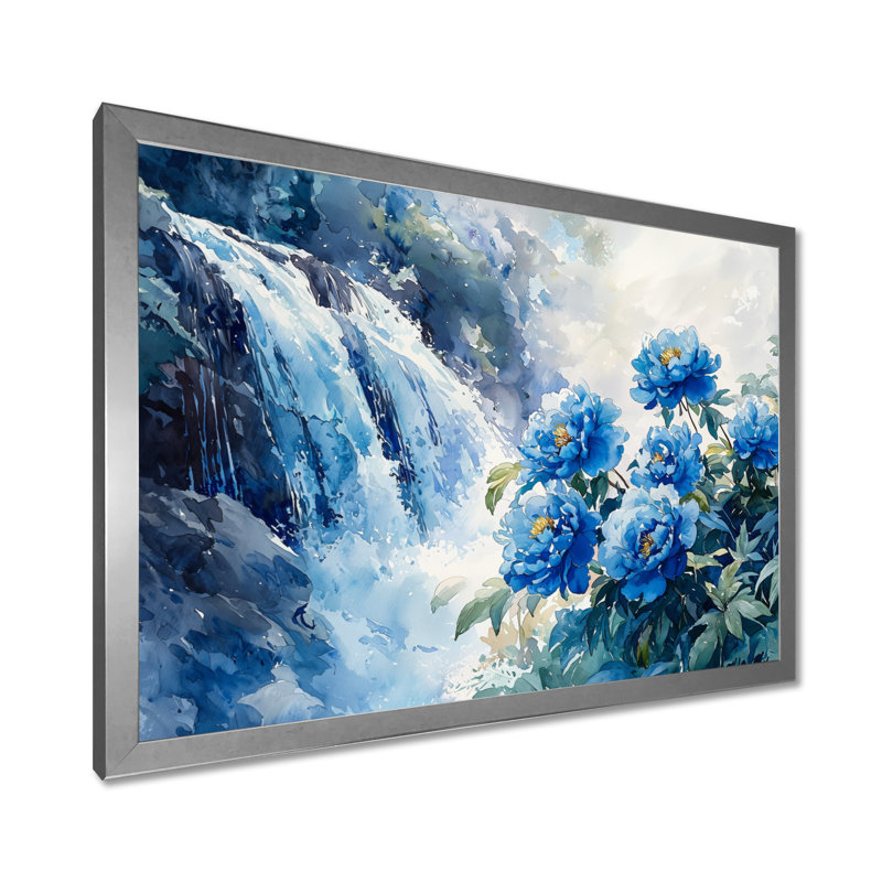 Pivoines par la chute d'eau I - Pivoines, reproduction sur toile, H 34 po x l 44 po, Argent argent