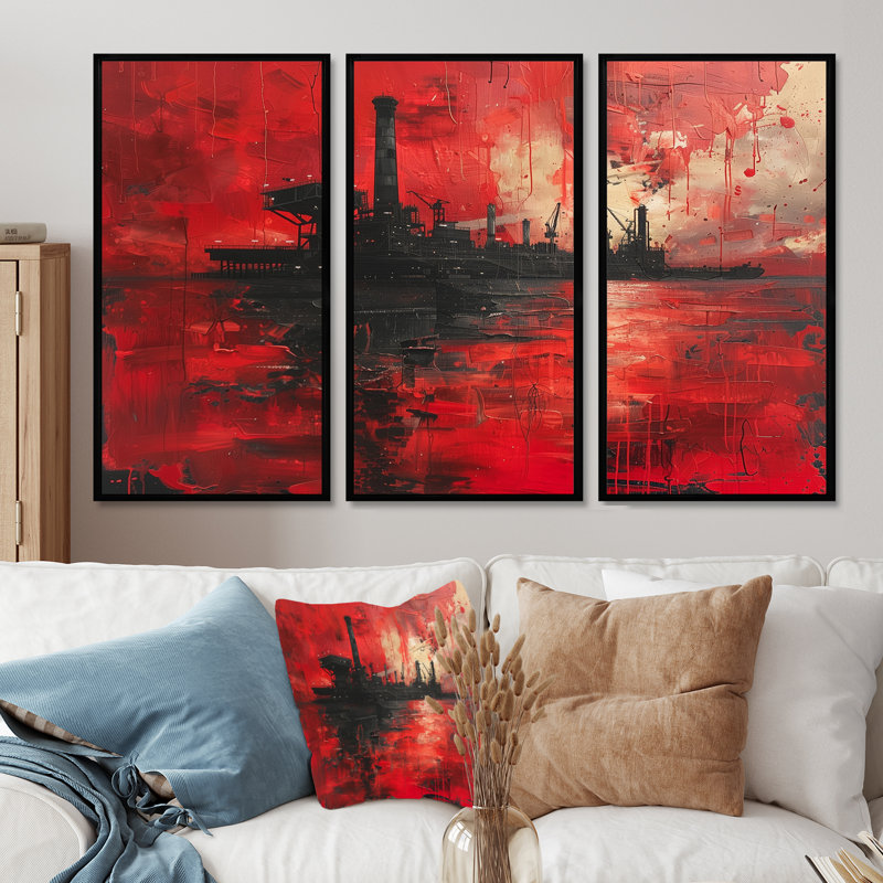 Lagan - Oil Rigs / Fields, ensemble d'art mural, H 32 po x l 48 po x P 1 po, Toile avec cadre flottant noir
