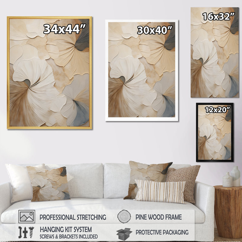 Beige and Gold Framed Minimalist Floral Canvas Print