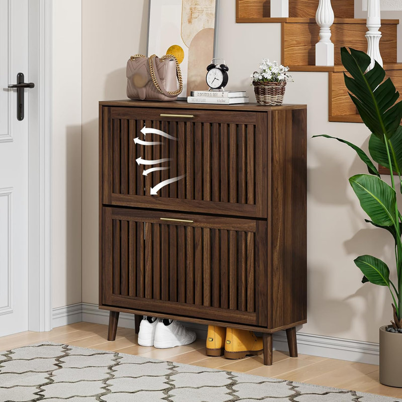 Slim Shoe Storage Cabinet With Louvred Flip Drawers, Freestanding Shoe Organizer For Entryway, Compact Shoe Rack With Adjustable Partitions And Durable Design