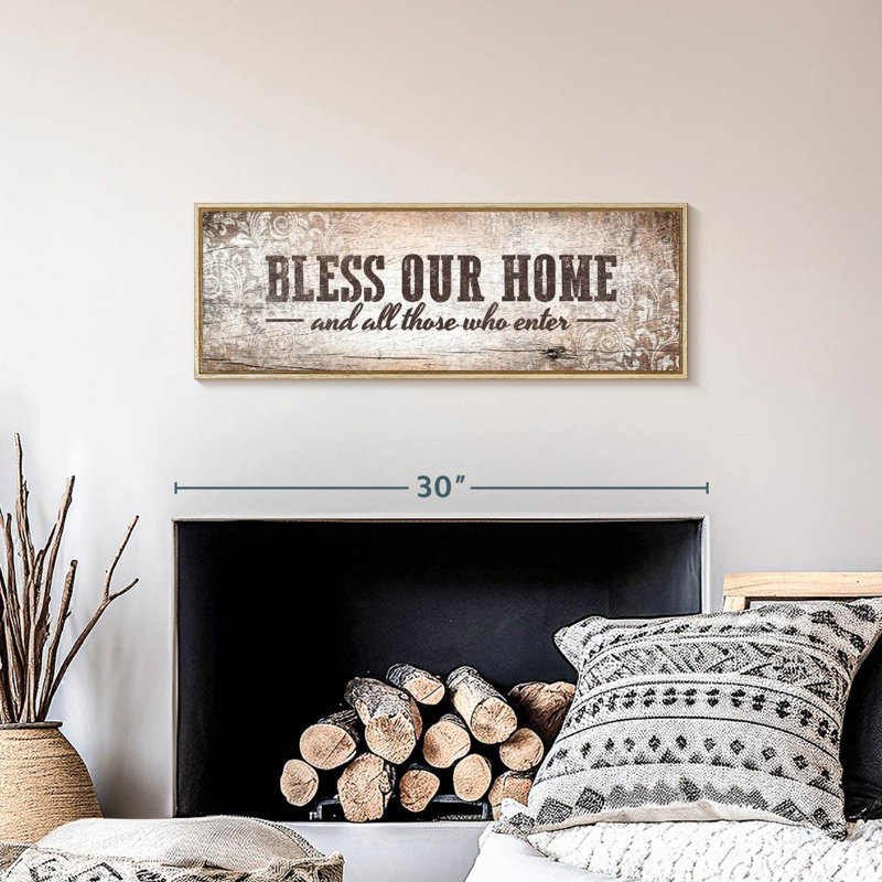 Plaque murale «Bless Our Home», Cadre flottant en bois naturel, 28 po x 10 po
