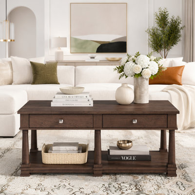 Wooden Coffee Table with 2 Storage Drawers & Lower Open Shelf, Rectangular Cocktail Table with Solid Wood Legs for Living Room
