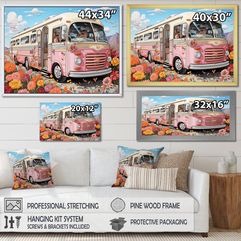 «Pink Camping Van Desert Getaway I», art mural de voyage en camping, Cadre doré à coins fermés, H 16 po x l 32 po x P 1 po