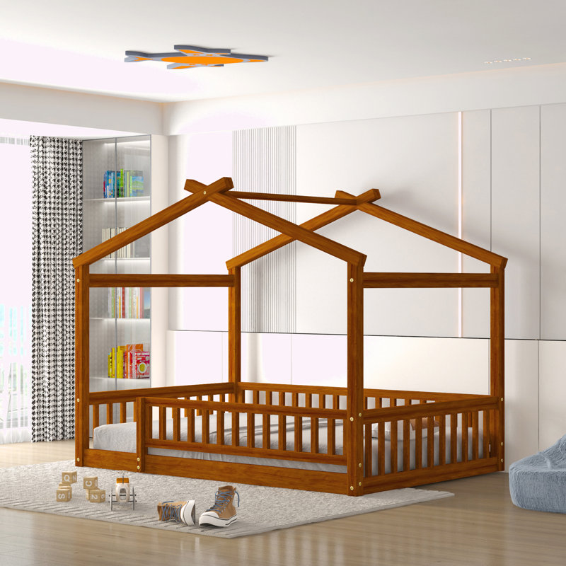 Structure de lit en bois pleine grandeur avec clôture, pour enfants, adolescents, filles et garçons, Noyer, Double