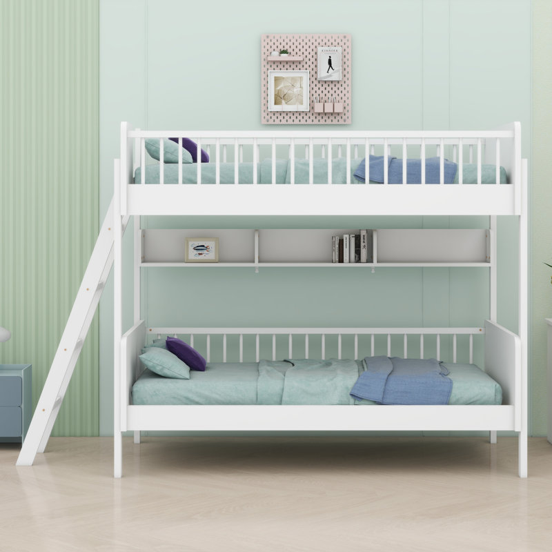 Lit superposé en bois avec tablettes intégrées et échelle réglable gauche / droite, Blanc