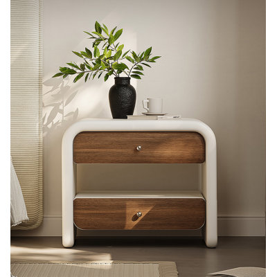 Simple Double-Drawer Bedside Table With Curved Frame And Open Compartments, Suitable For Bedrooms