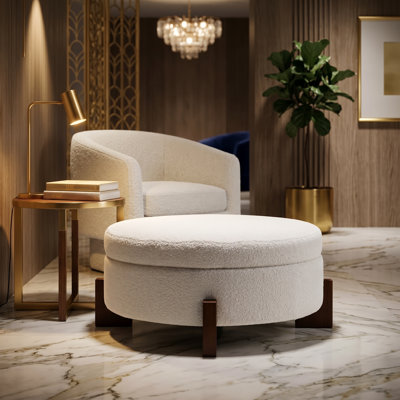 Pouf de rangement rond de 84 cm, repose-pieds rembourré en tissu Teddy avec pieds en bois massif, pouf cocktail à couvercle rabattable pour salon, chambre ou entrée