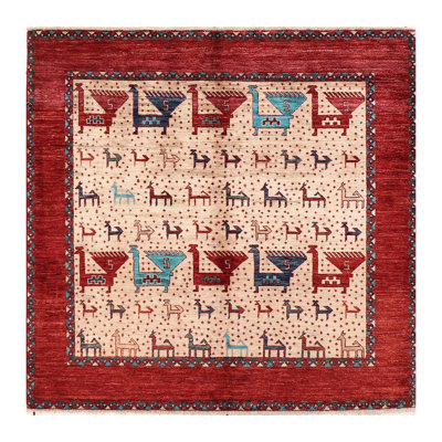 Tapis unique noué à la main bleu / rouge / beige de haute qualité