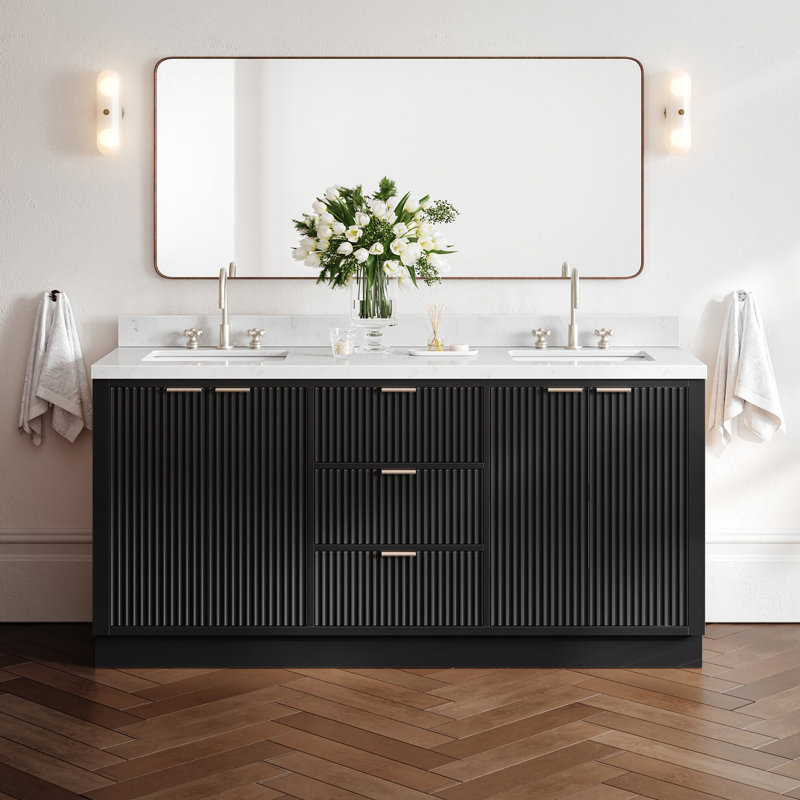 Meuble-lavabo double en bois massif 72 po avec comptoir en quartz noir Carrara de 1,5 po Haun, Rectangulaire