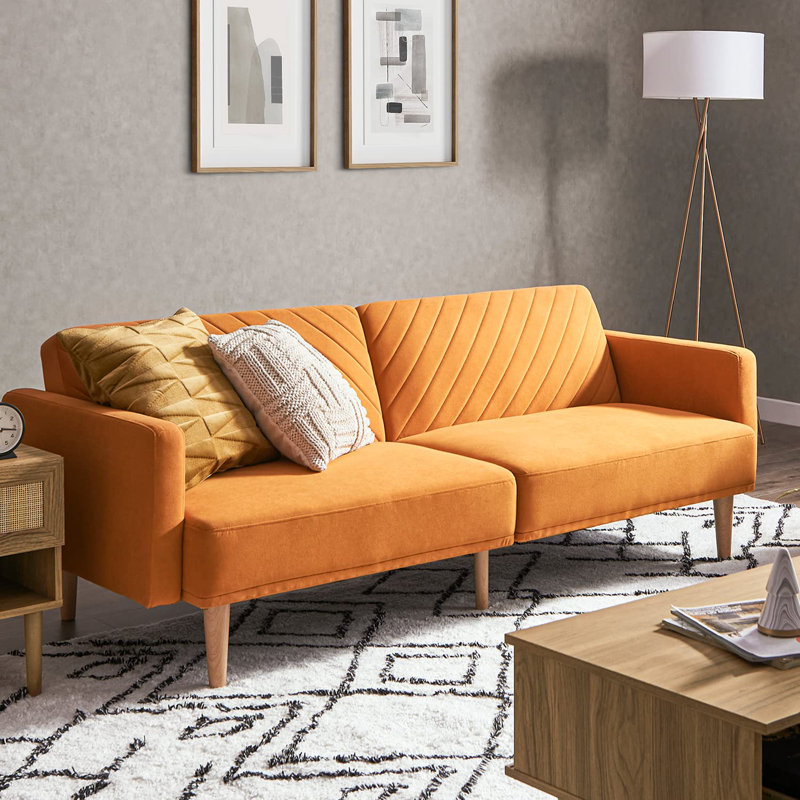 Twin 76.8'' Velvet Convertible Sofa, Apricot Velvet