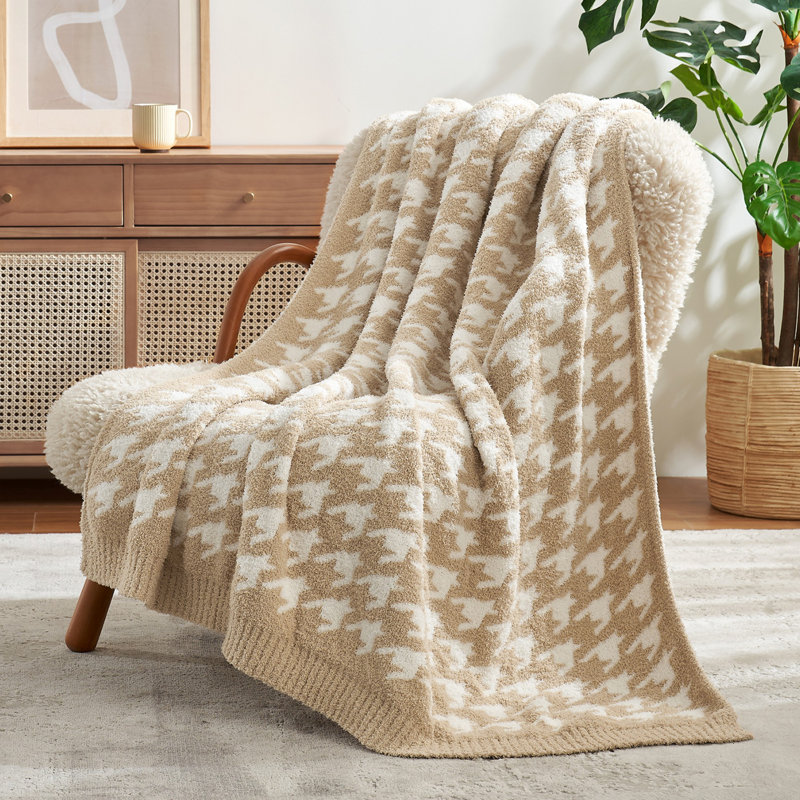 Jeté réversible en tricot Houndstooth, Pied-de-poule beige