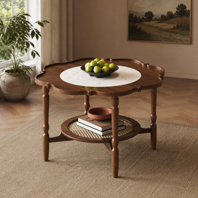 Walnut‑Finished Two‑Tier Coffee‑Table, Petal‑Shaped Silhouette, White Crackle‑Pattern Glass Top and Rattan‑Weave Accents , Unique Mid‑Century Cocktail Table for Living‑Rooms