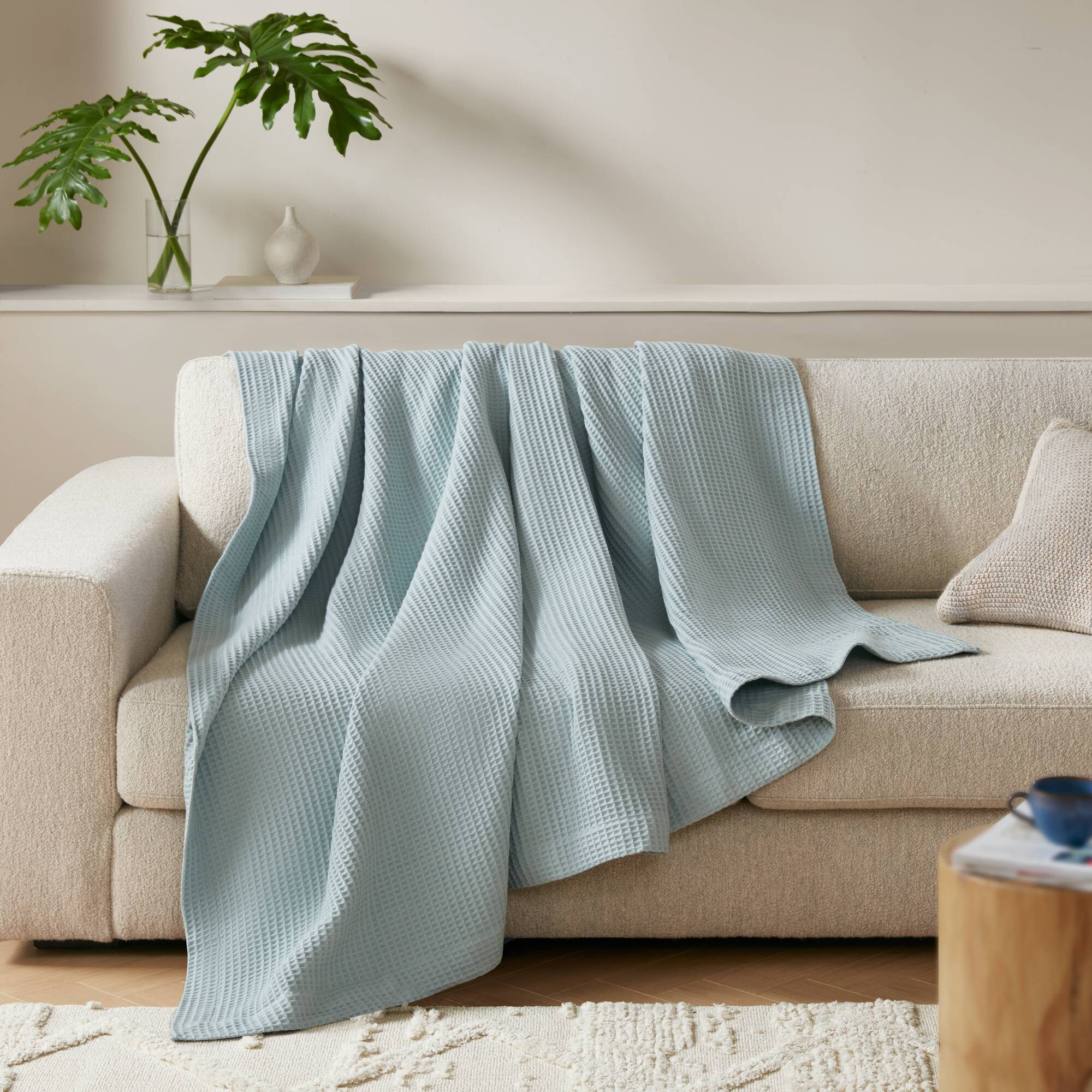 Waffle Weave 100% Cotton Blanket, Aqua, Queen