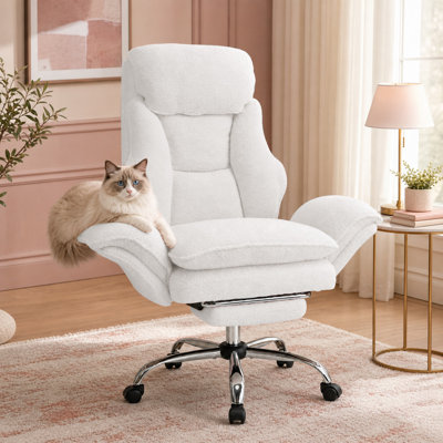 Criss Cross Chair with Wheels,Cross Legged Office Chair with Footrest,Cross Criss Office Chair with Flip-Up Arms, 7.87" Cushion, 155° Reclining Teddy Fleece Vanity Desk Chair, 400 lb,White