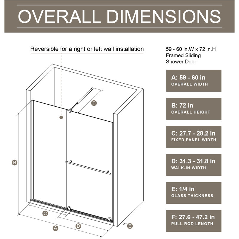 72 In.H X 30 - 60 In.W Shower Door, 1/4 Inch Thick Glass Panel, Stainless Steel Handle, Black Supporting Bar, Walk-In Screen, Dual, Robust And Dependable, Leak- Door In.W, 1/4" Tempered Glass, Modern
