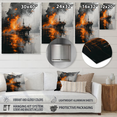 Grey Orange Winter Oil Offshore Plateform - Oil Rigs / Fields Wall Decor