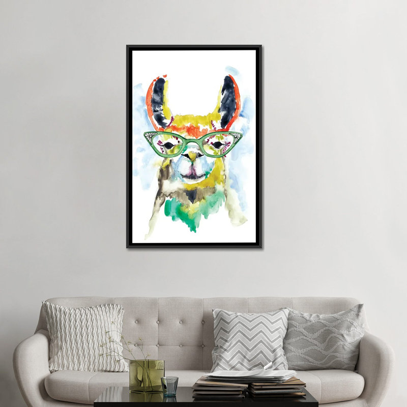 «Smarty-Pants Llama», reproduction sur toile, H 26 po x l 18 po x P 1,5 po, Pas de tapis, Toile avec cadre noir