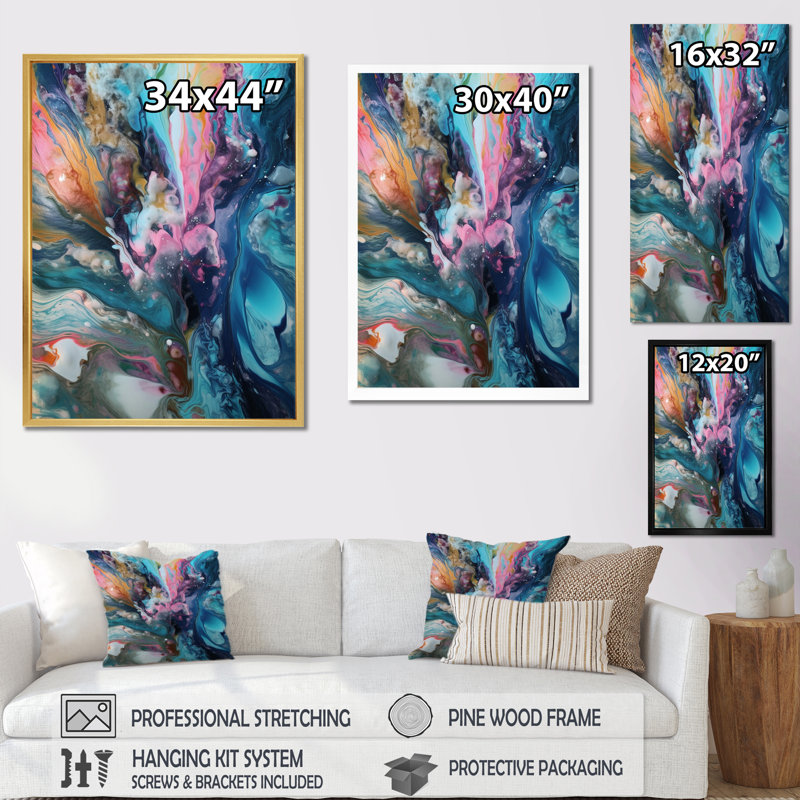 «Teal Pink Aqua Symphony», reproduction sur toile abstraite, Cadre doré à une seule photo, H 32 po x l 16 po x P 1 po