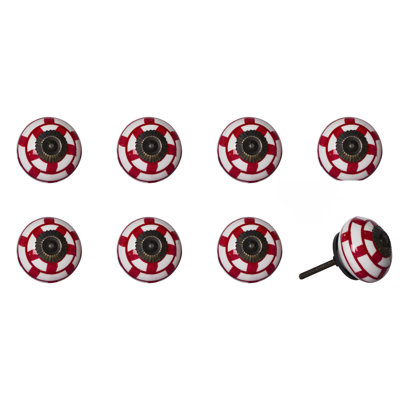 Set of Eight White And Red Ceramic And Metal Drawer Pull Knobs