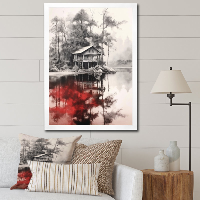 Rouge et gris Lakehouse I - salon d'art mural Lakehouse, H 44 po x l 34 po x P 1,5 po, Cadre simple blanc