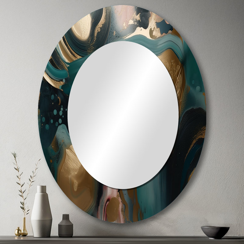 Or et vert marbré Euphoria I - miroir mural ovale moderne doré, 43 po x 33 po