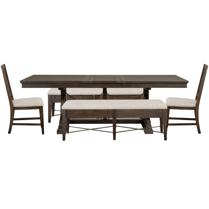 Extendable Trestle Dining Table With 2 Upholstered Benches And 2 Side Chairs, 5 Pieces: Table, 2 Benches, 2 Chairs