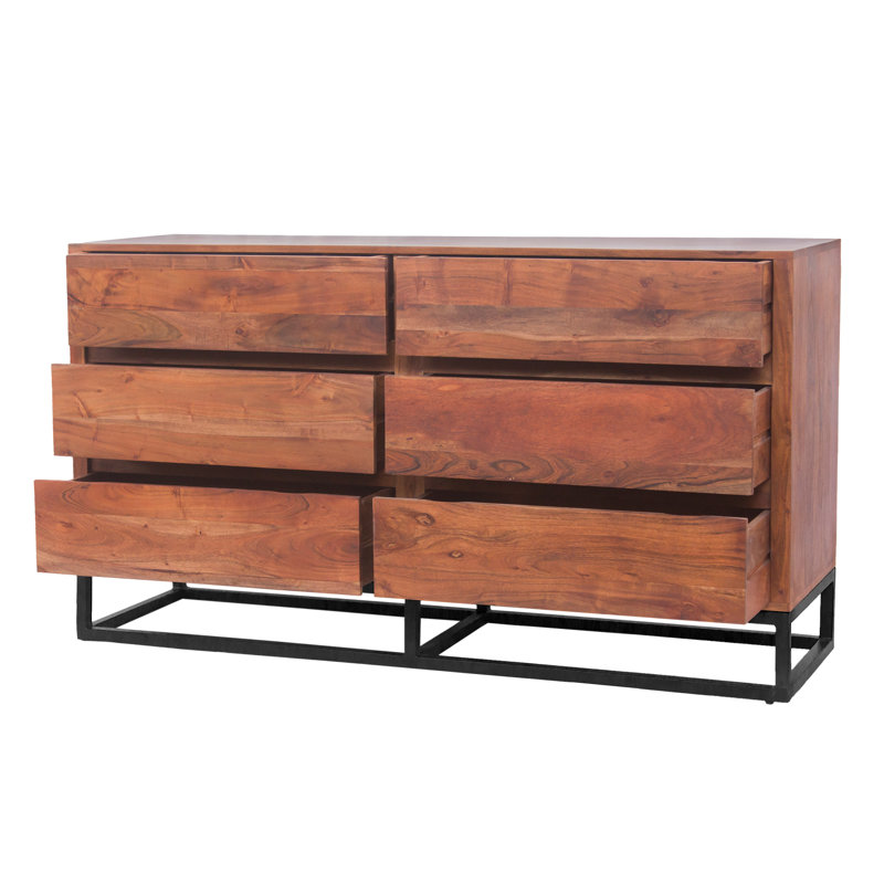 Pantai Modern 6 Drawers Acacia Wood Dresser or Display Unit With Metal Base, Walnut Brown and Black