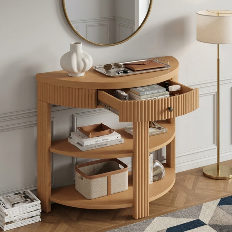 Console cannelée demi-lune, table d'entrée en bois espresso avec tiroir incurvé et 2 tablettes de rangement ouvertes, Naturel