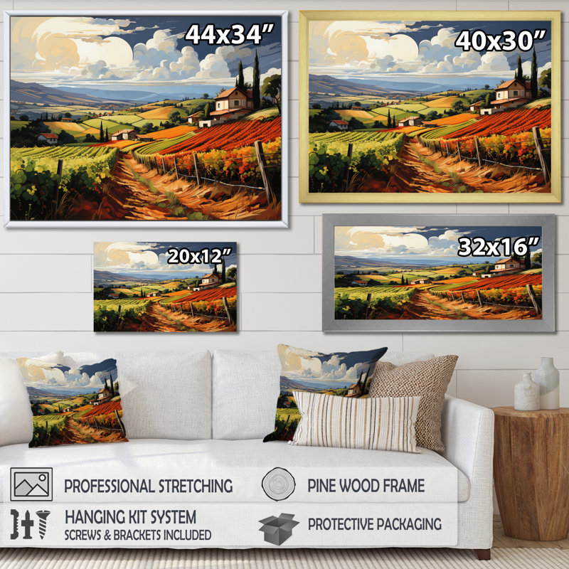 «Vineyard Rows Of Ruby Landscape», reproduction sur toile, H 30 po x l 40 po x P 1,5 po, Cadre flottant blanc