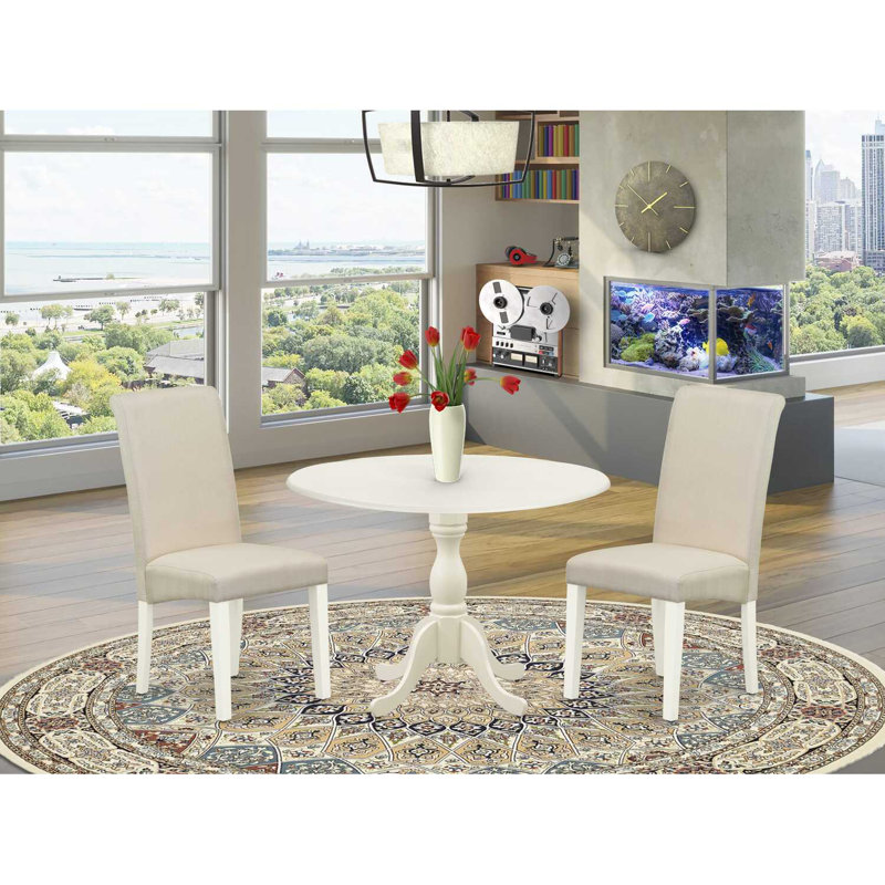 3 Piece Kitchen Table Set for Small Spaces Contains a Round Dining Table with Dropleaf and 2 Cream Linen Fabric Padded Chairs, Linen White