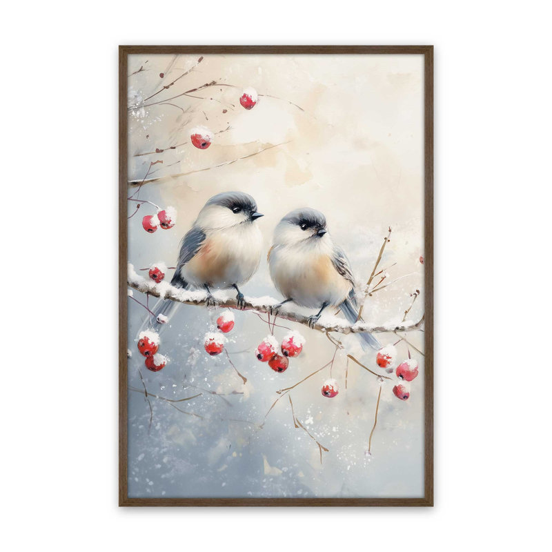 Deux oiseaux chanteurs d'hiver, reproduction d'art, 18 po x 24 po, Noyer