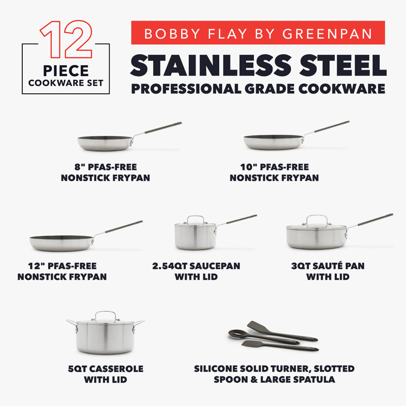 Bobby Flay by GreenPan Stainless Steel Uncoated & PFAS-Free Nonstick 12-Piece Cookware Set