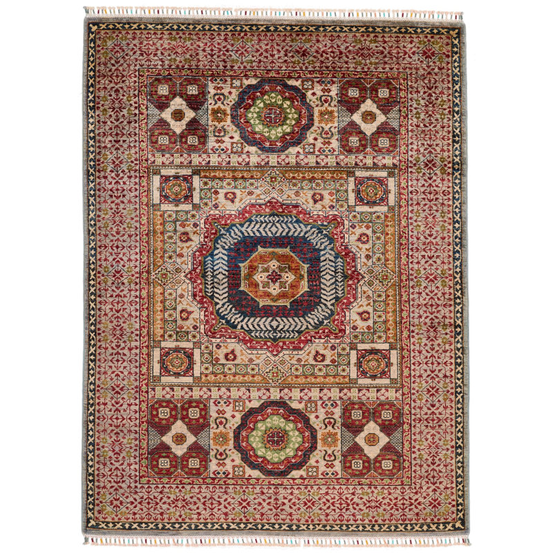 Tapis tribal turc 5 x 7 ivoire et gris clair