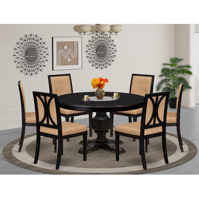 C2E10FA123554A29B68A86E306CFE5C0 - Table ronde de cuisine 7 pièces et 6 chaises en polyester à haut dossier, noir sablé