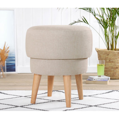 Élégant pouf avec pieds en bois de hêtre, hauteur de 20,1 po, diamètre de 18,5 po | Revêtement 100% lin, 35 éponges orthopédiques, 2,4 po d'épaisseur | Design beige élégant, parfait pour le décor du salon et de la chambre à coucher