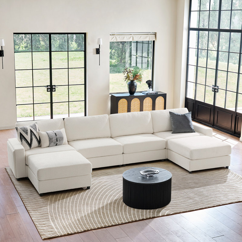 Grandon 162" Modern 6-Piece Modular Sectional Sofa with Two Ottomans, Ivory Polyester