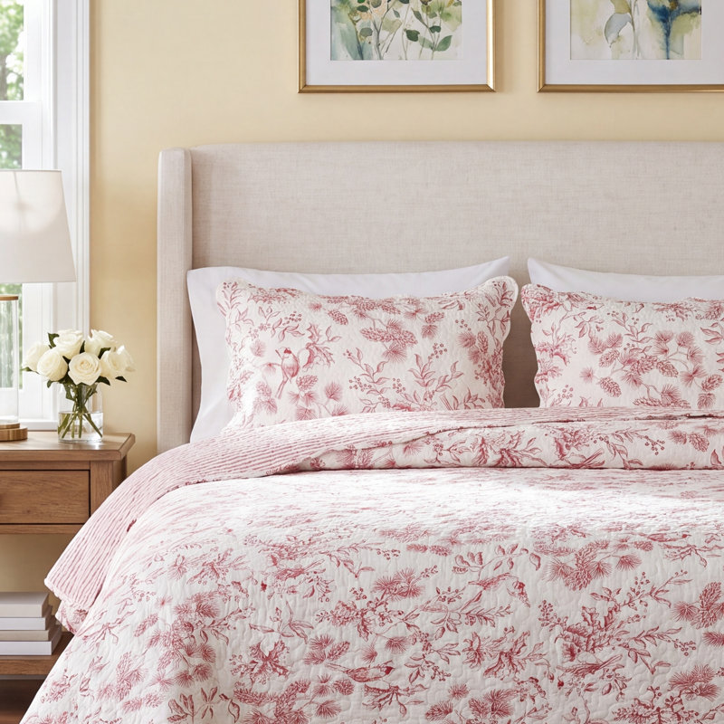 Iria Red/White Standard Cotton Reversible Quilt Set, Full/Queen Quilt + 2 Shams